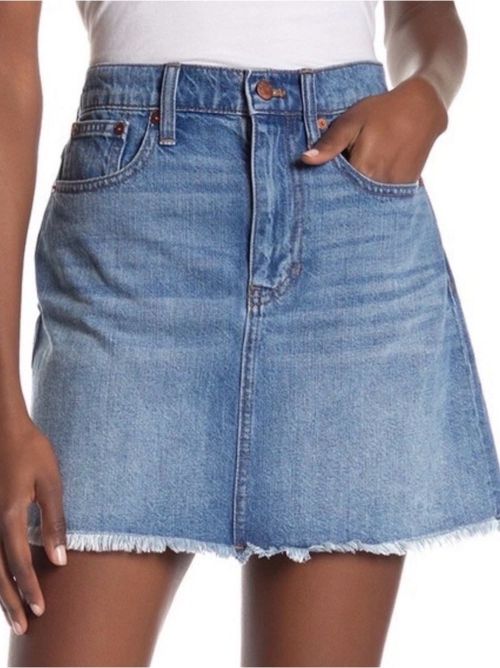 Madewell McCarren Denim Mini Skirt K8028 Size 27 Frayed Hem A-Line Blue